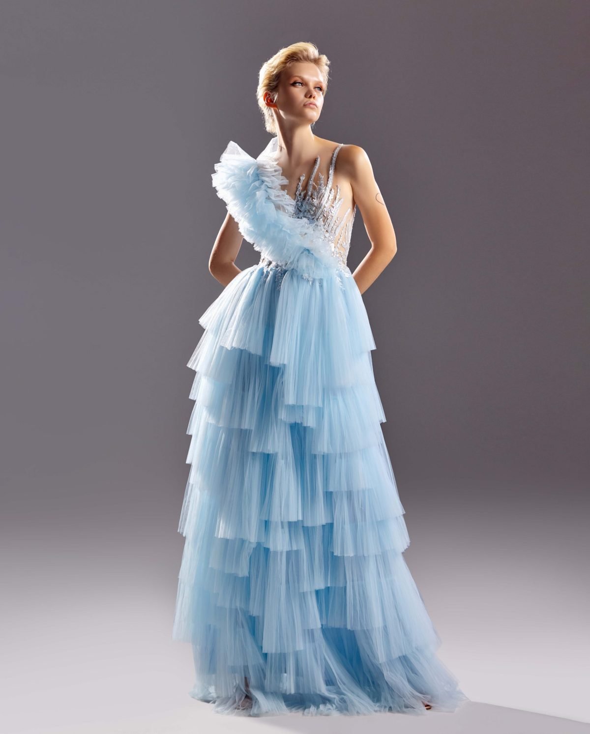 Floral Lace and Layered Tulle Blue Dress
