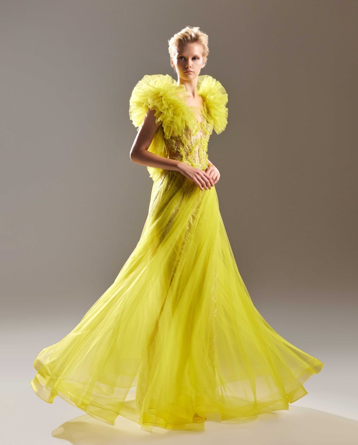 Ruffled Shoulders Wild Lime Tulle Dress