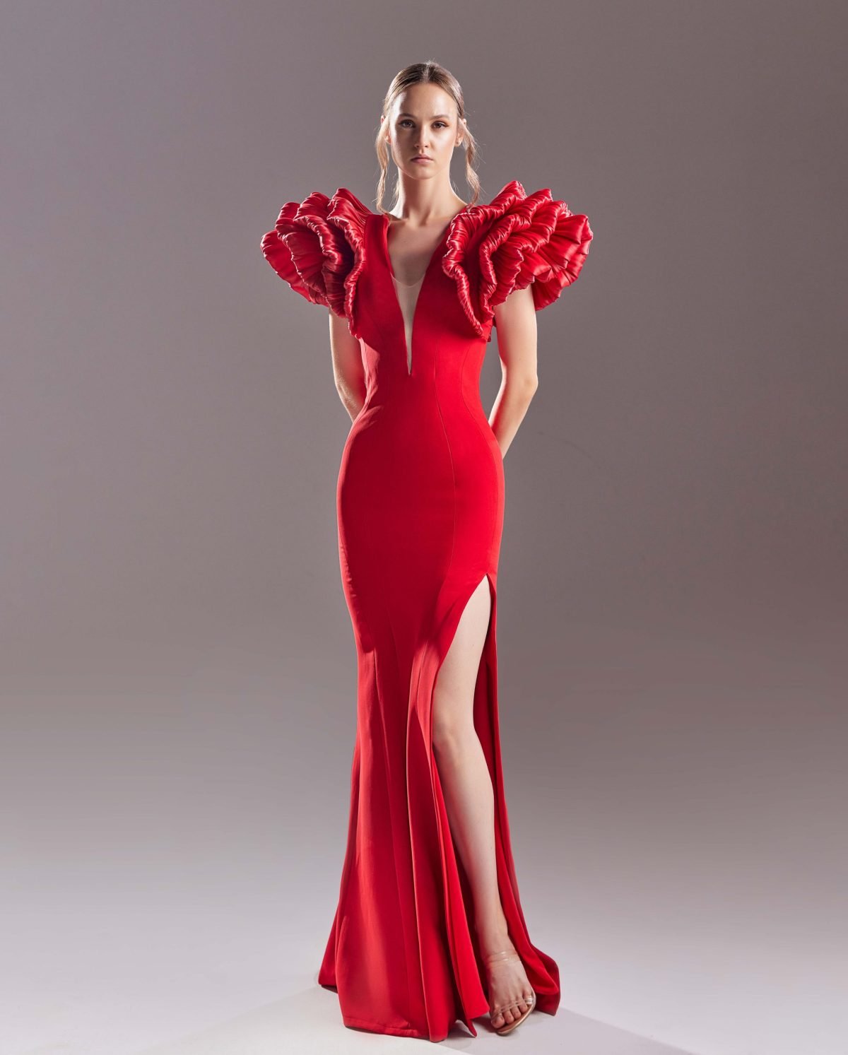 Voluminous Shoulders and Deep V Red Dress