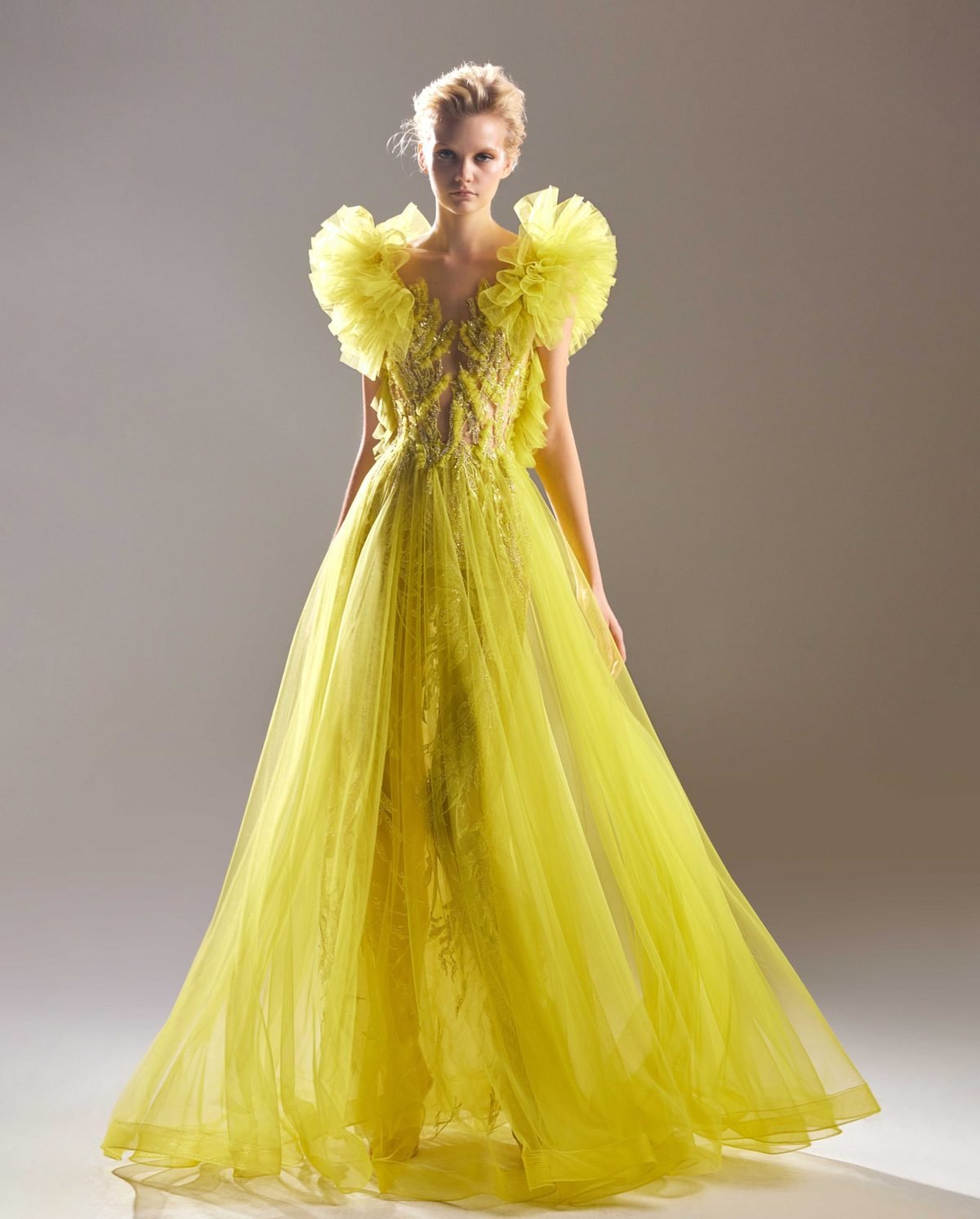 Ruffled Shoulders Wild Lime Tulle Dress
