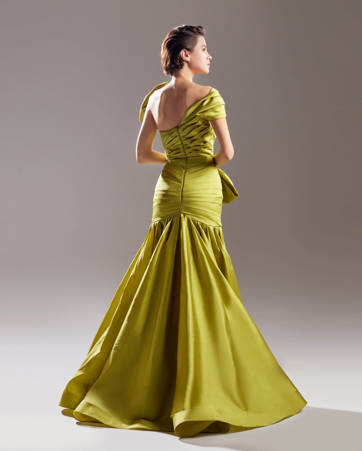 Exaggerated Draped Lime Taffeta Dress