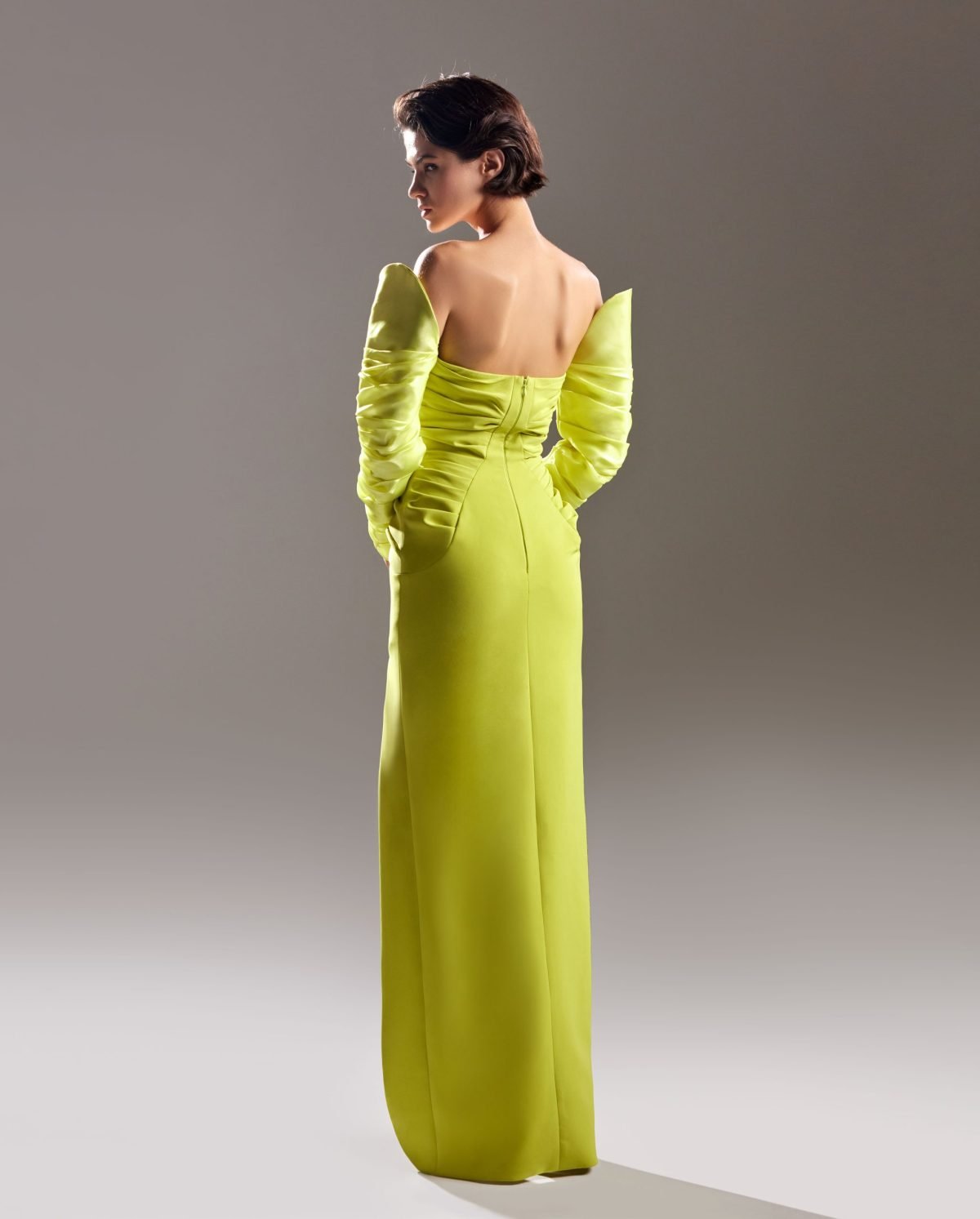 Draped Crepe Lime Dress with Organdie Sleeves