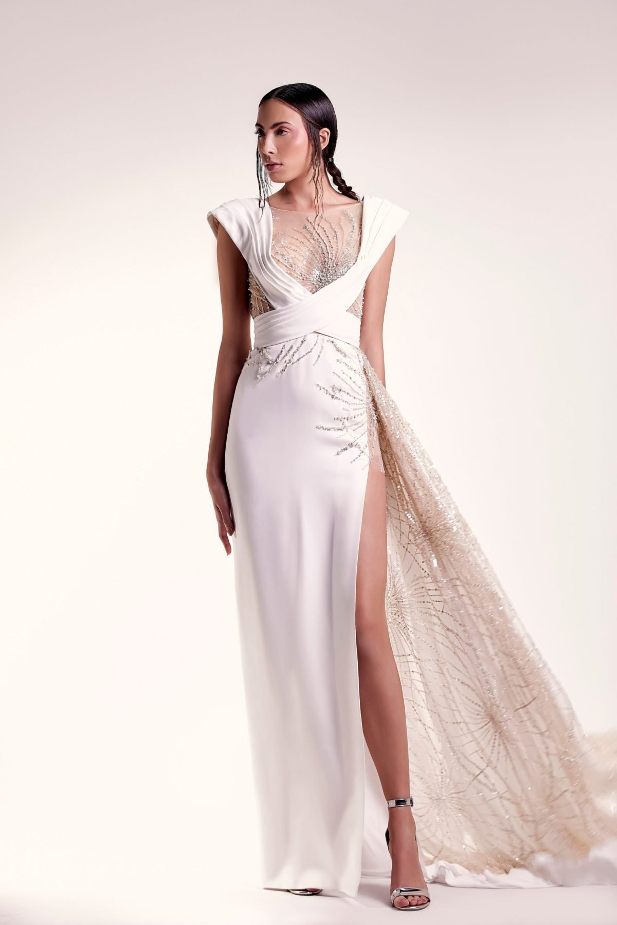 Off-White and Gold Beaded Dress