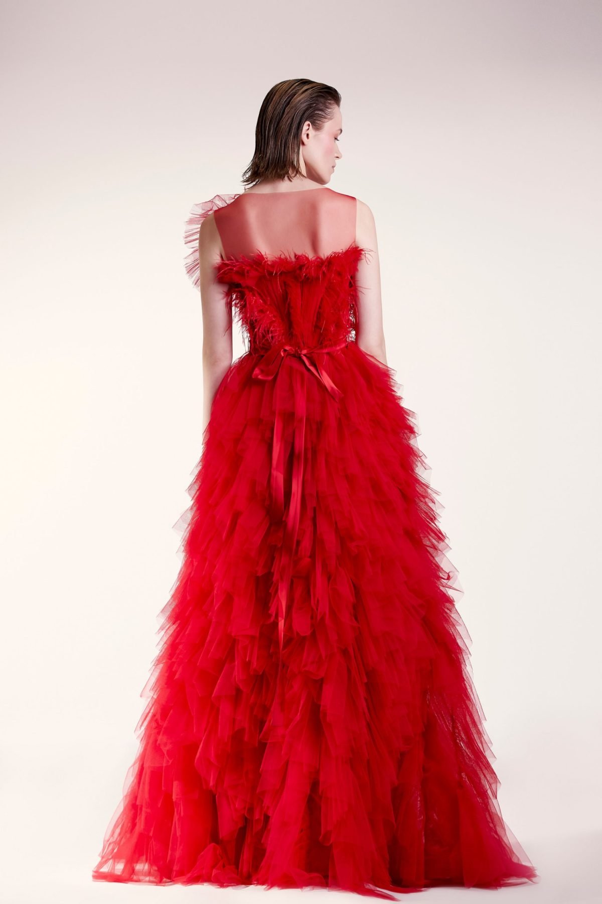 Ruched and Feathered Red Dress