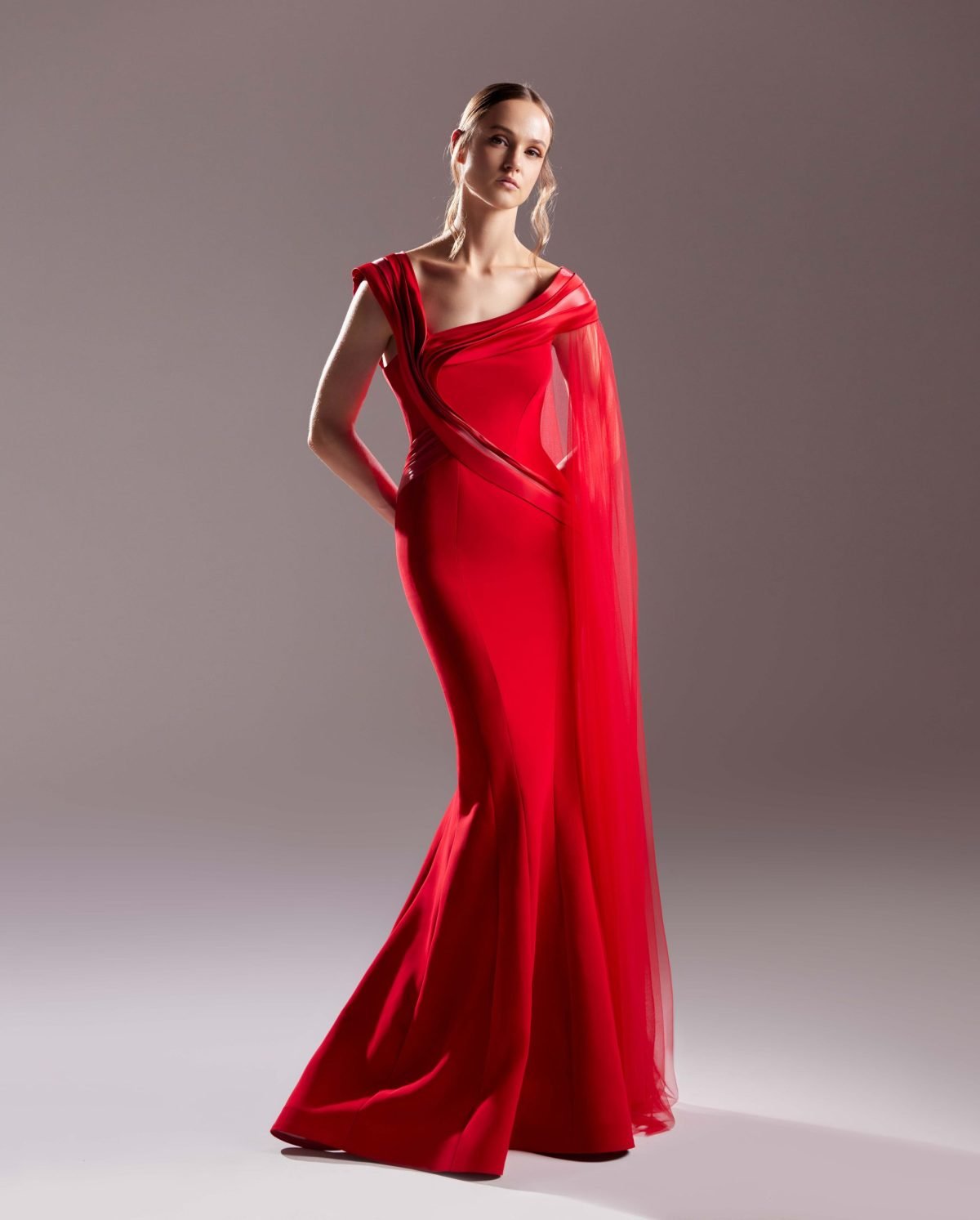 Red Organdie Dress with Floor-Sweeping Shawl