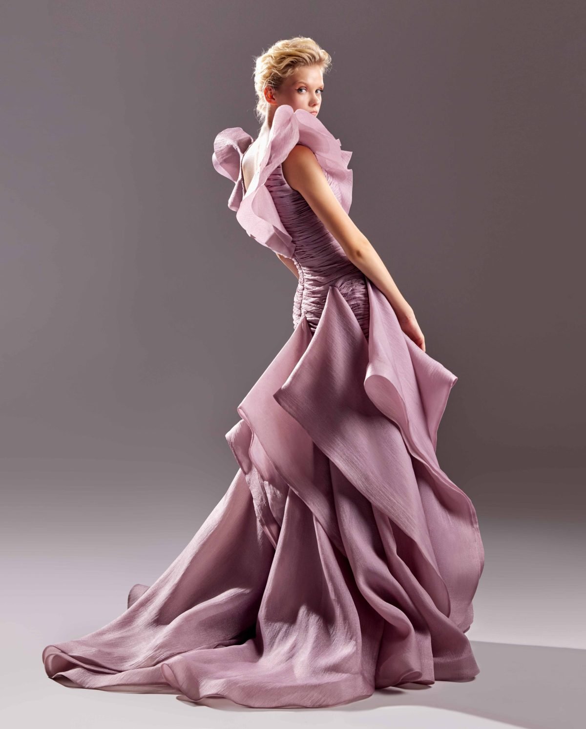 Voluminous Rosewood Organza Dress with Ruffles