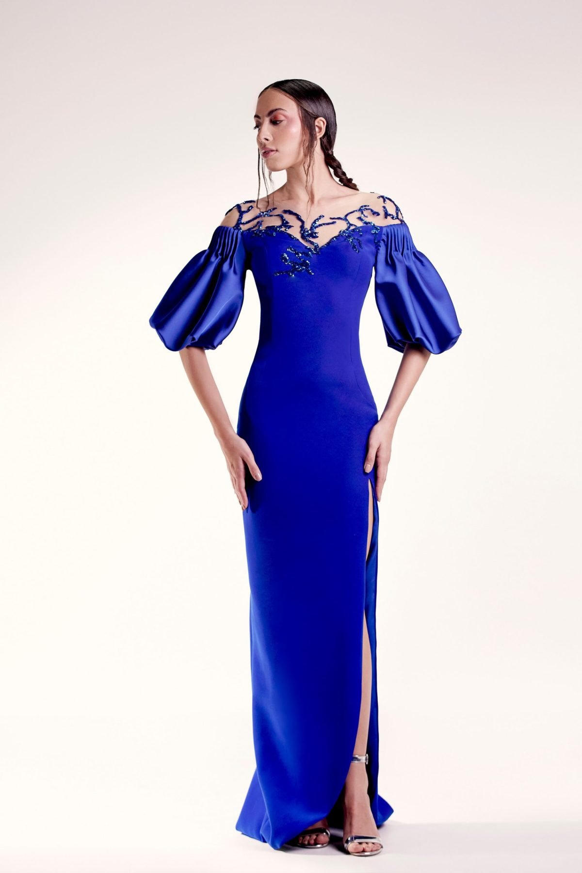 Ribbed Sleeves Blue Dress