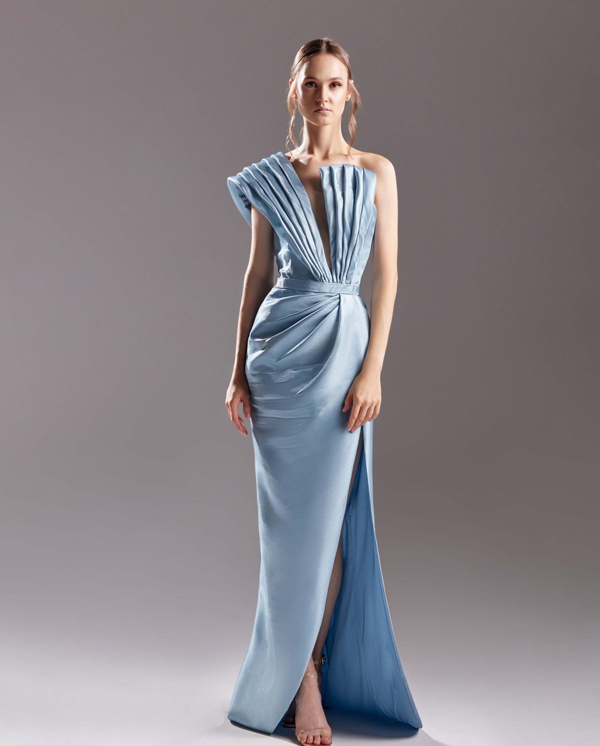 Draped Blue Organdie Slitted Dress