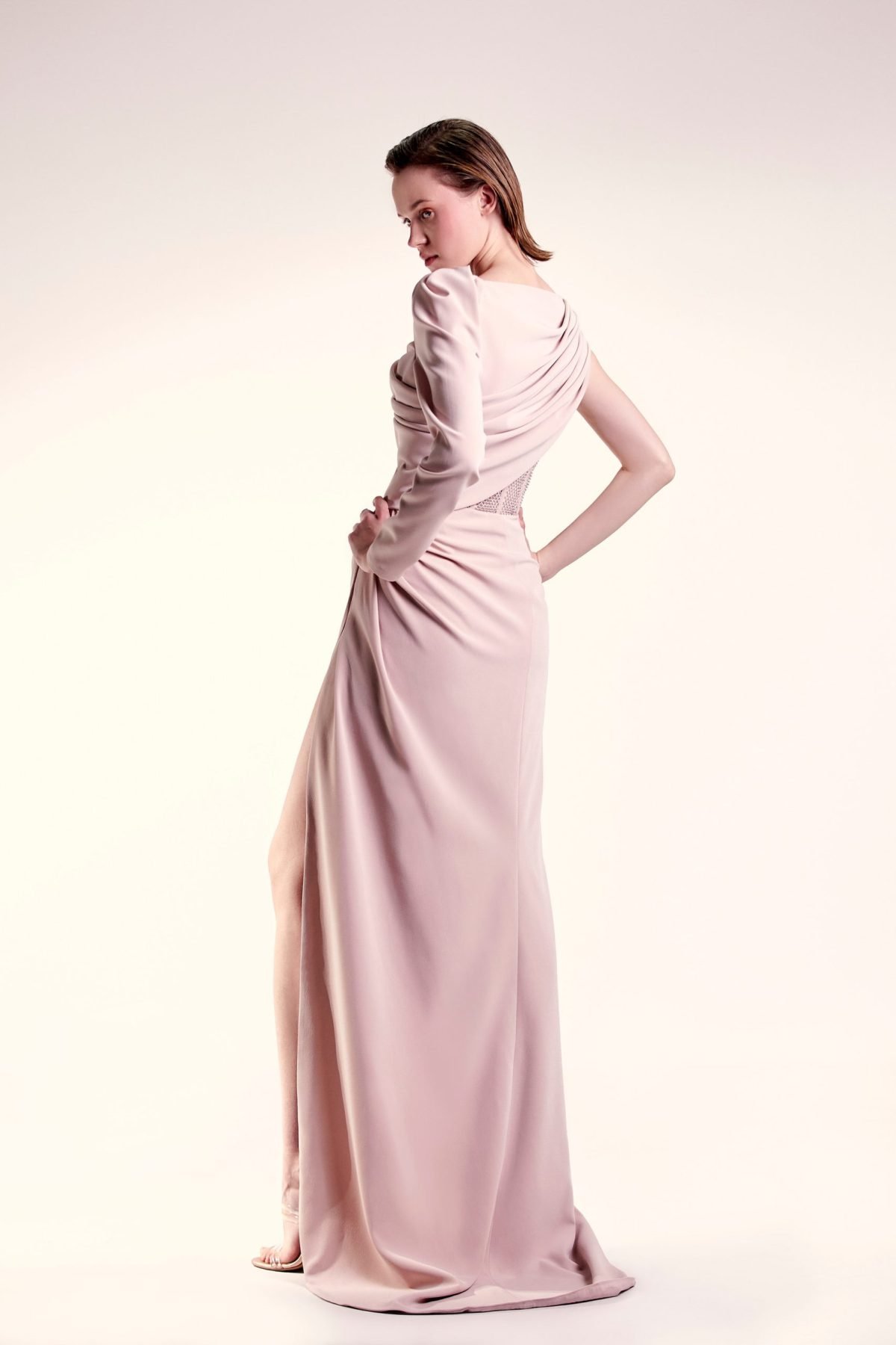 One Sleeve Draped Nude Dress
