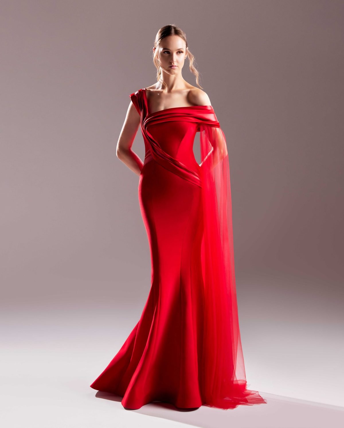 Red Organdie Dress with Floor-Sweeping Shawl