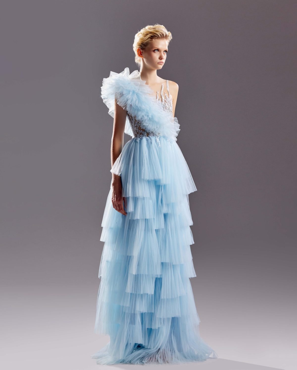 Floral Lace and Layered Tulle Blue Dress