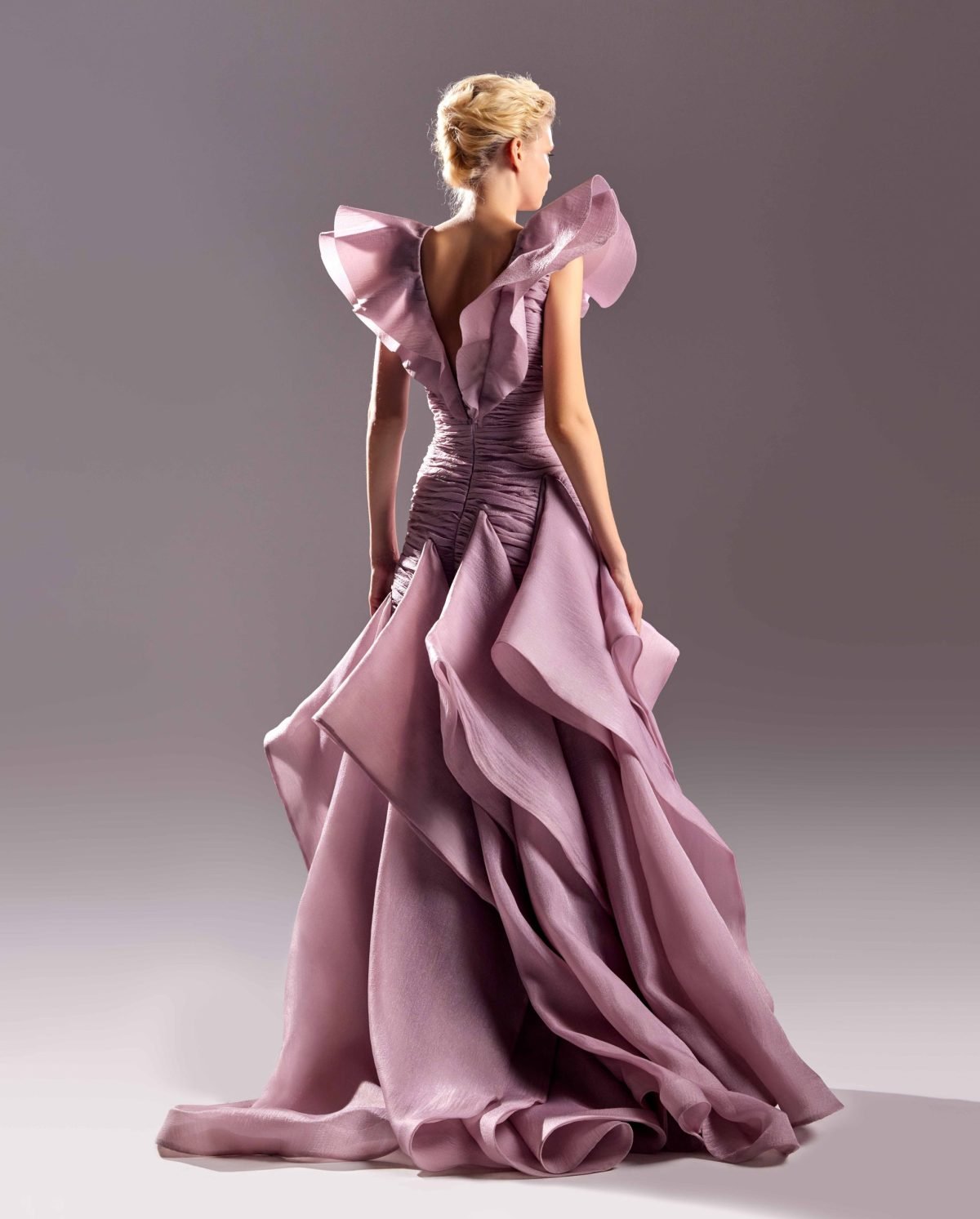 Voluminous Rosewood Organza Dress with Ruffles