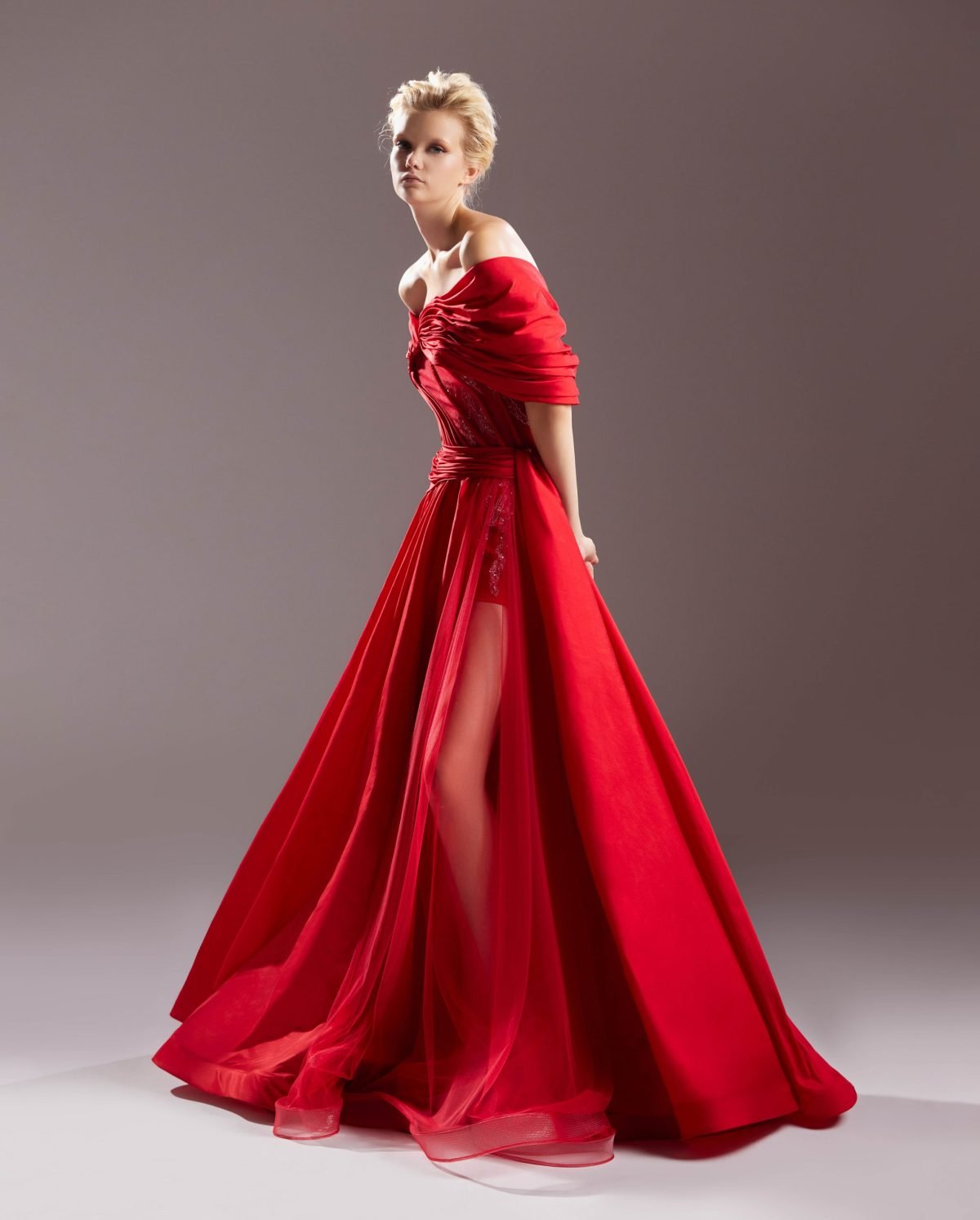 Romantic Bare Shoulders Taffeta Red Dress