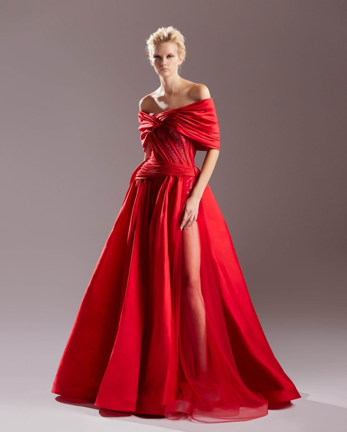 Romantic Bare Shoulders Taffeta Red Dress