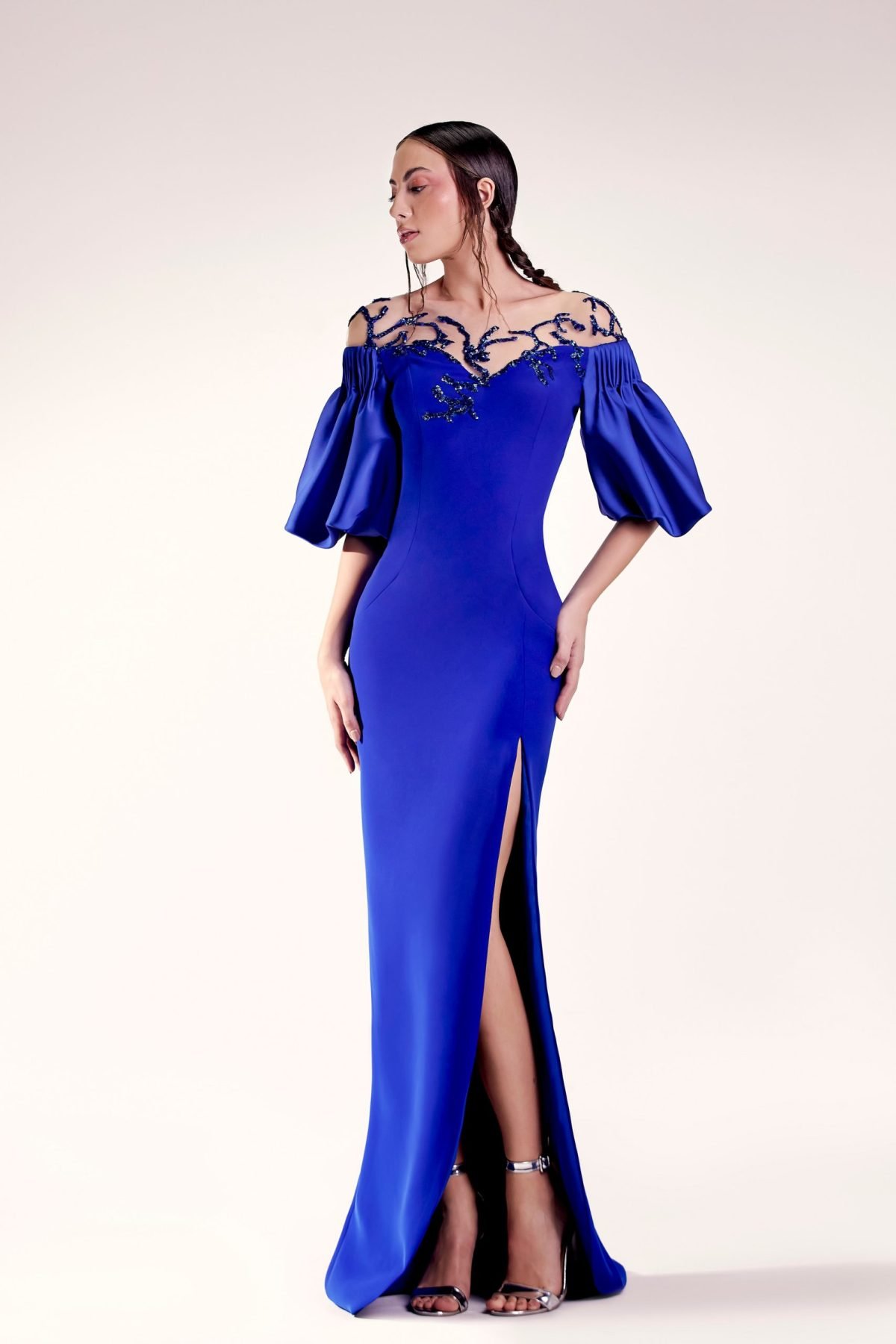 Ribbed Sleeves Blue Dress