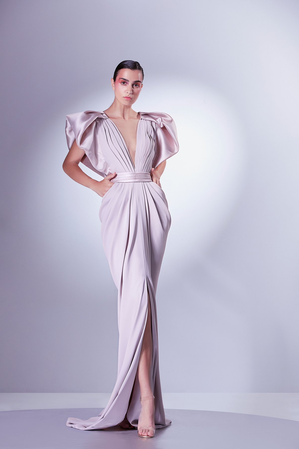 Deep V Crepe And Mikado Dress