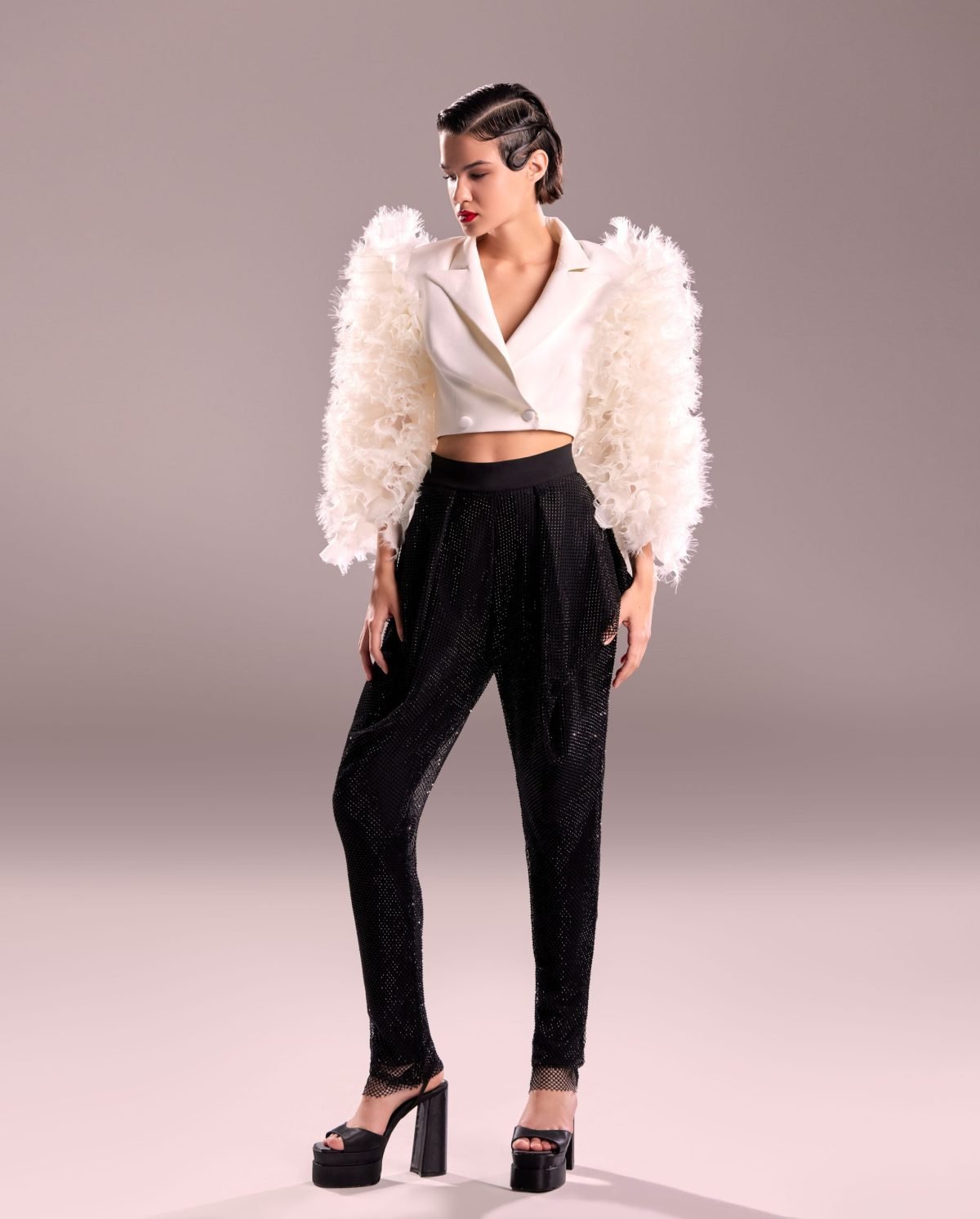 Defined Shoulders Tweed Jacket - White, 36