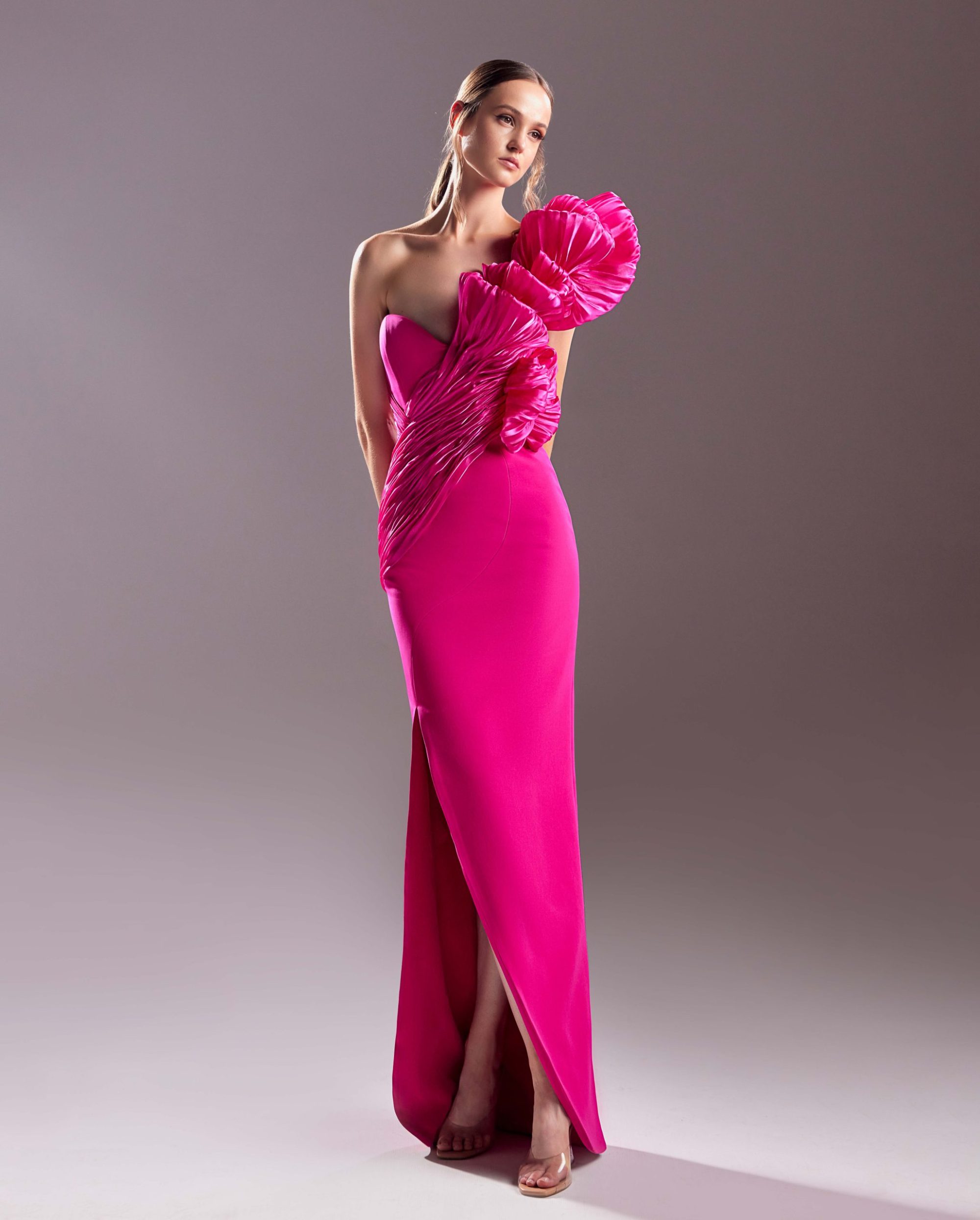 Blossoming Shoulder Crepe Fuscia Dress