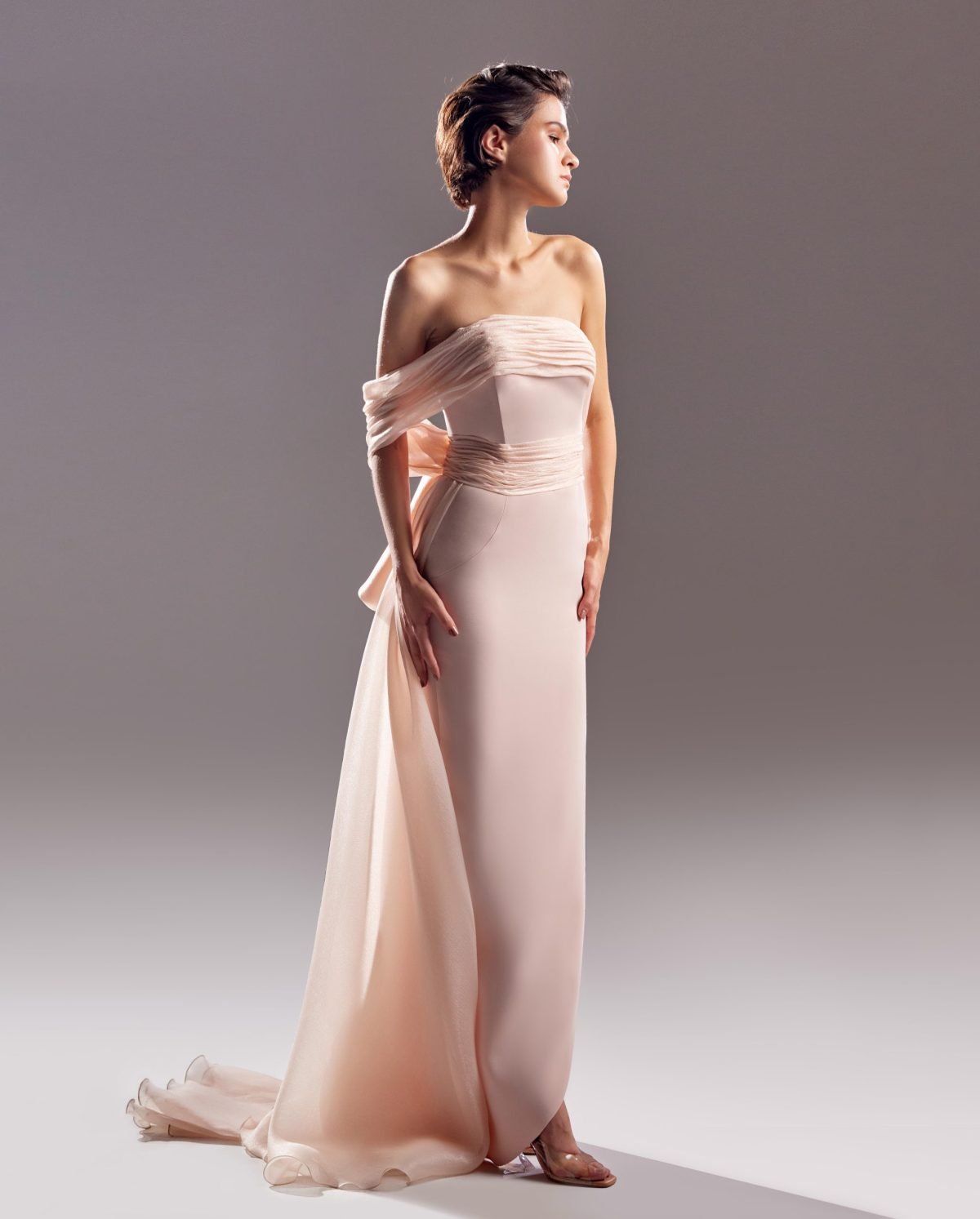 Shimmery Back Bow Tie Peach Long Dress: An Epitome of Elegance