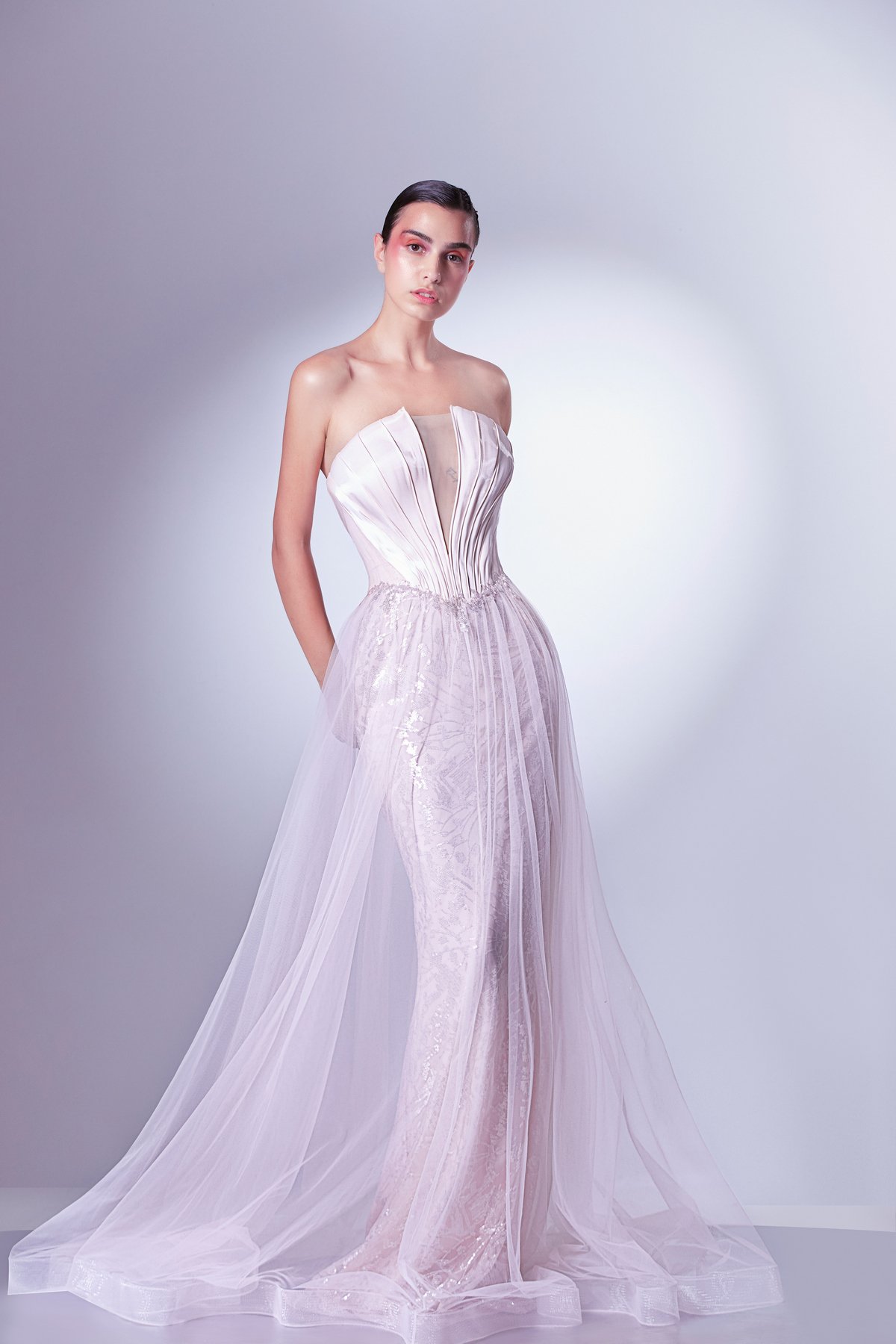 Strapless Organdie And Lace Dress