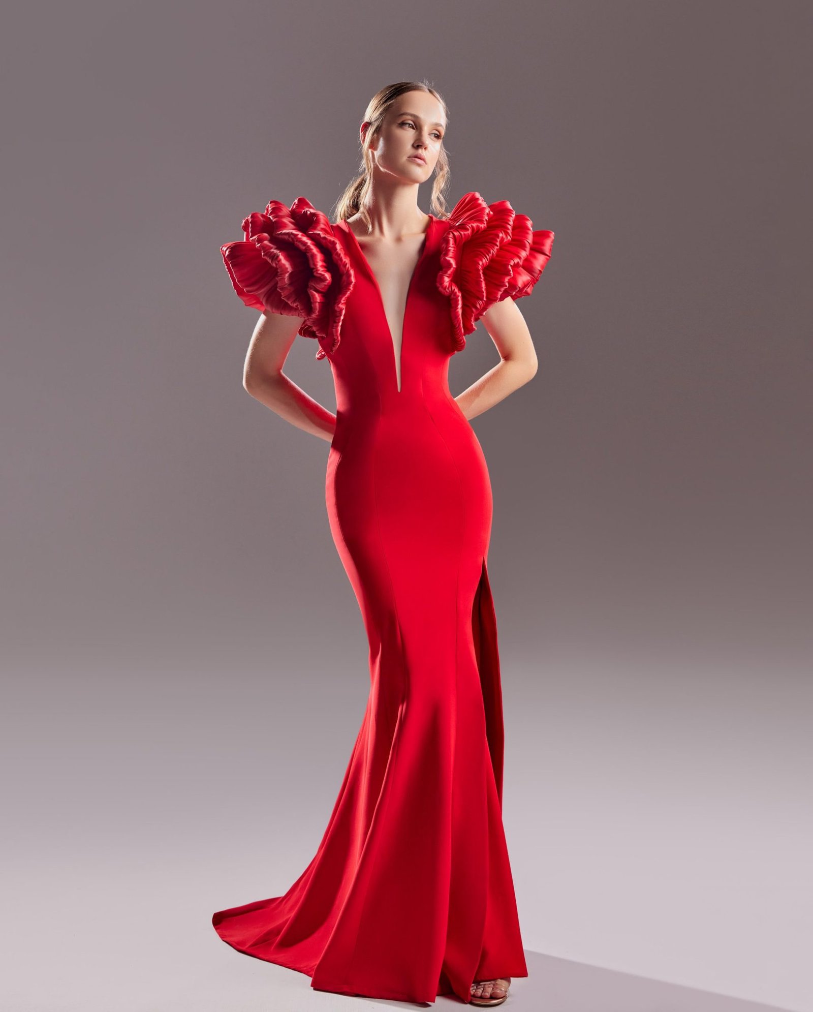 Voluminous Shoulders and Deep V Red Dress
