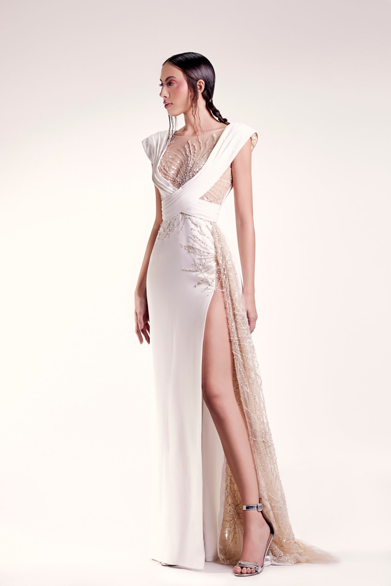 Off-White and Gold Beaded Dress