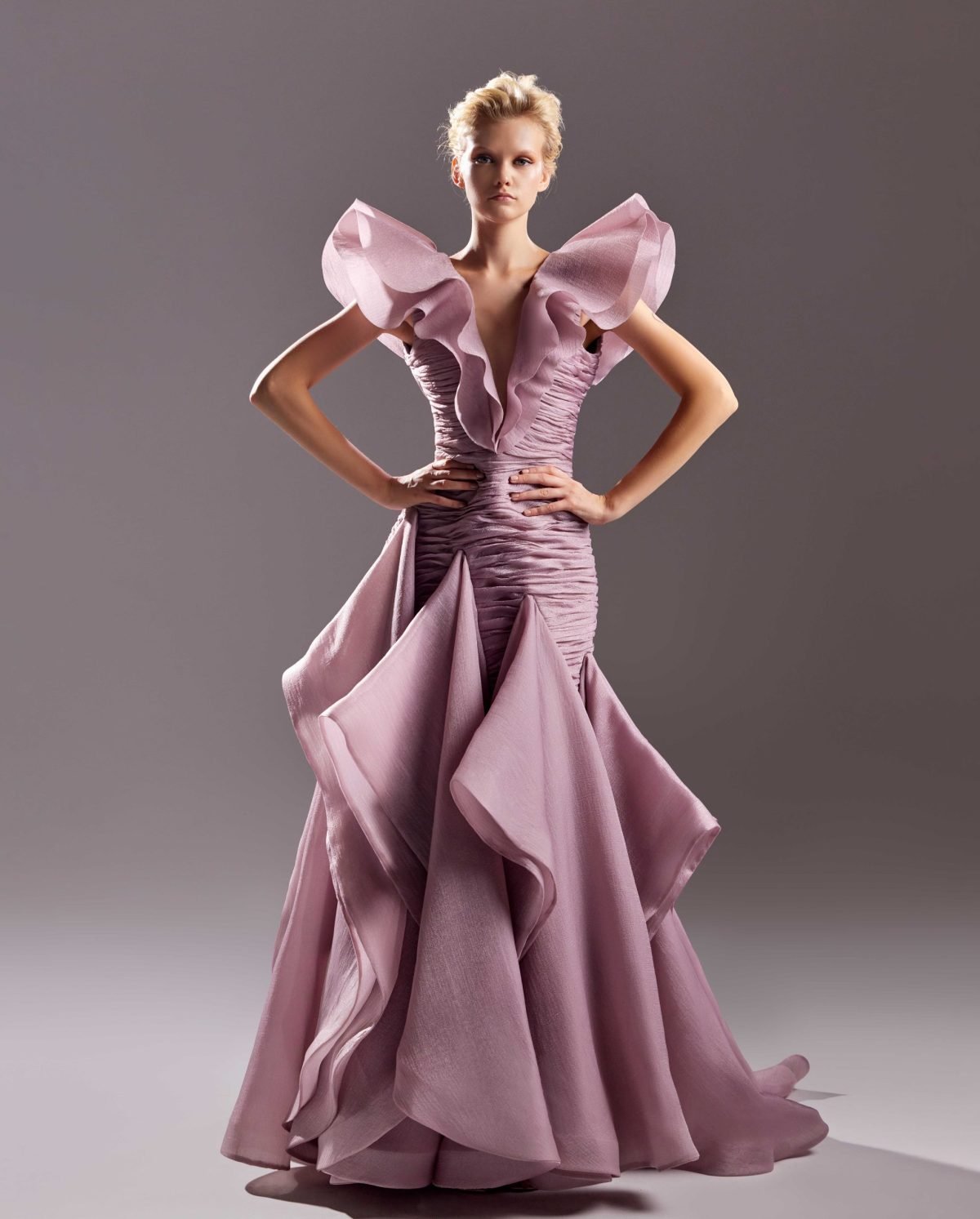 Voluminous Rosewood Organza Dress with Ruffles