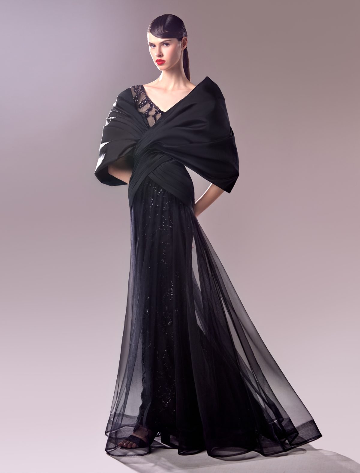 Off-the-Shoulder Taffeta and Lace Long Black Dress