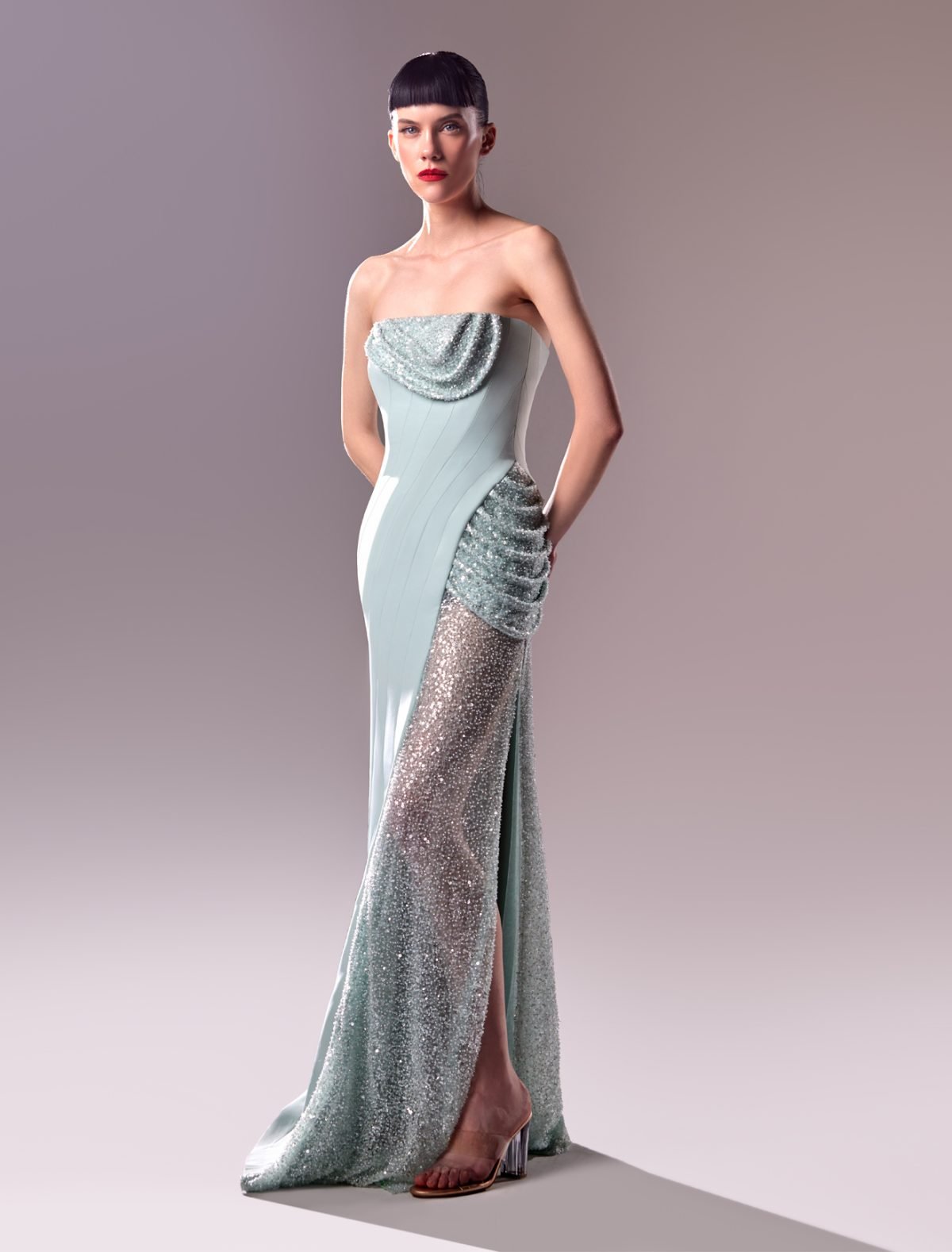 Strapless Blue Crepe Dress with Exquisite Embroidery