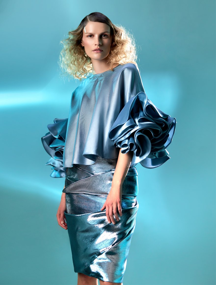 Wide Sleeves Blue Mikado Top