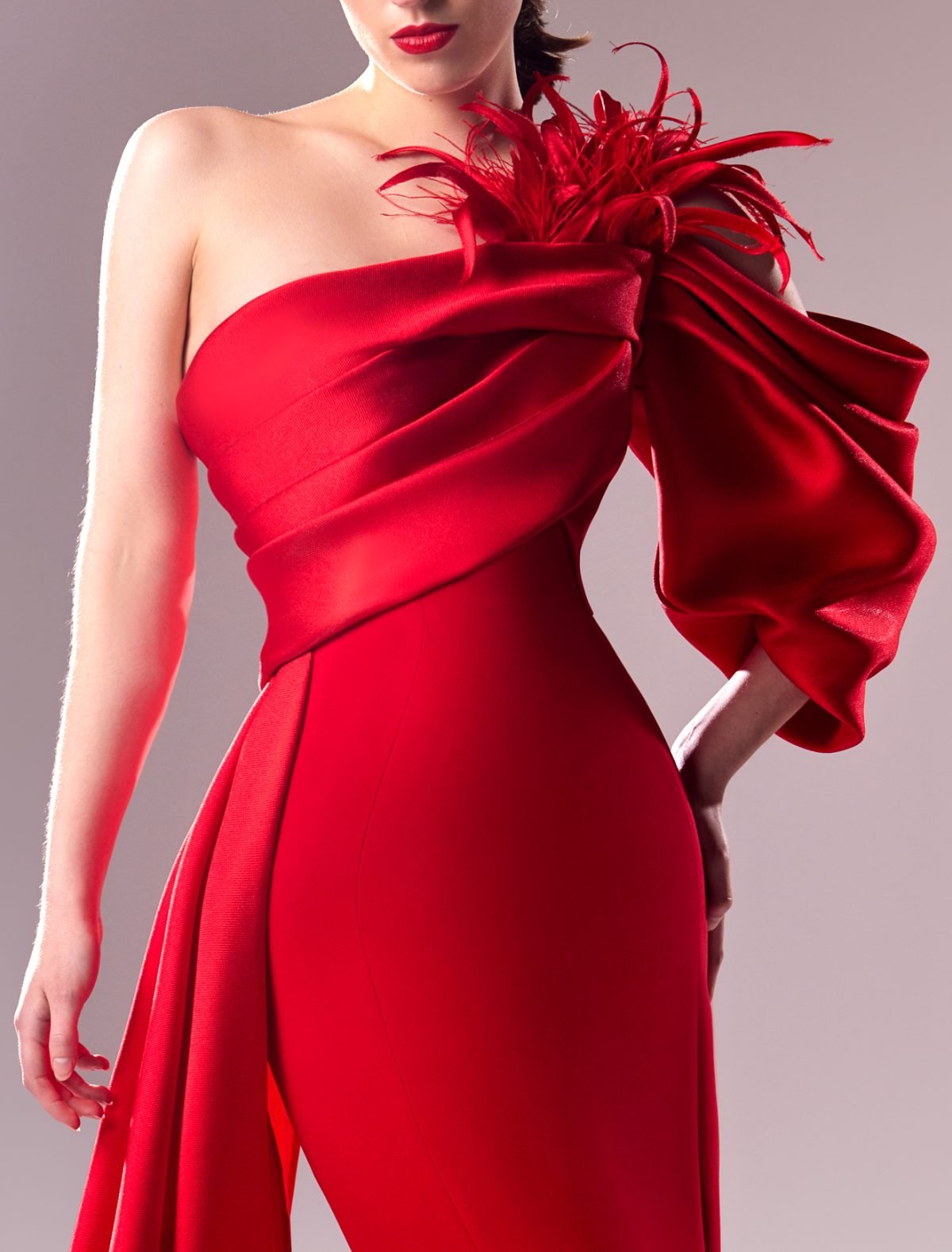 One-sleeve Draped Mermaid Long Dress with Feather Accents