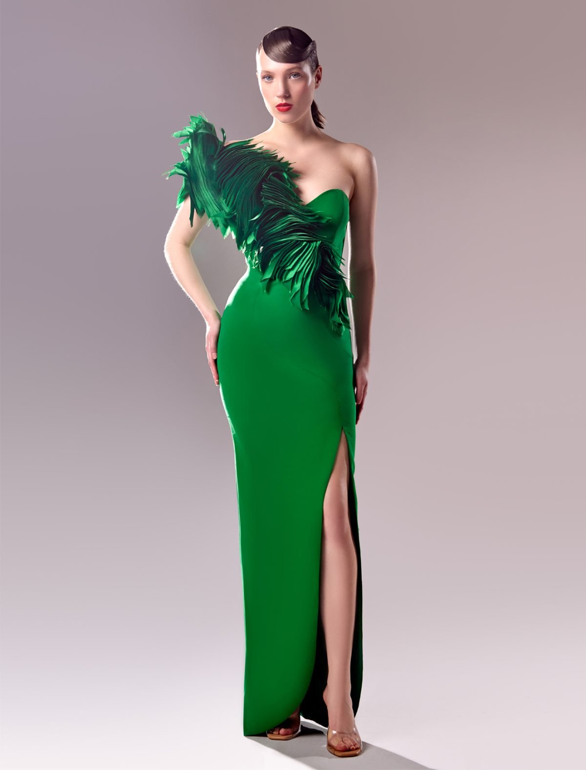 Emerald Green One-Shoulder Dress with Complex Organza Manipulation