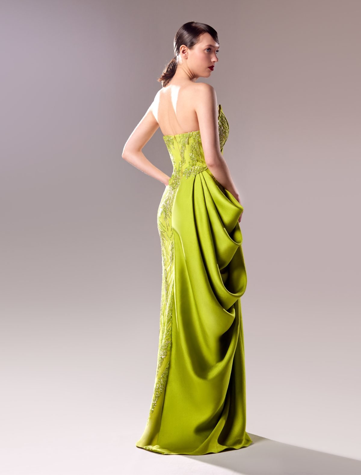 Strapless Draped Piqué and Lace Lime Dress : A Radiant Enchantress