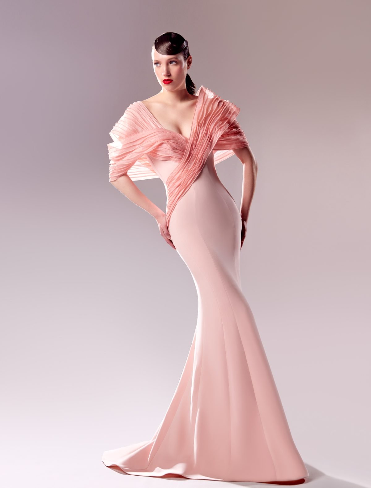 Pink Mermaid Dress with Ribbed Crinkle Organza Shoulders
