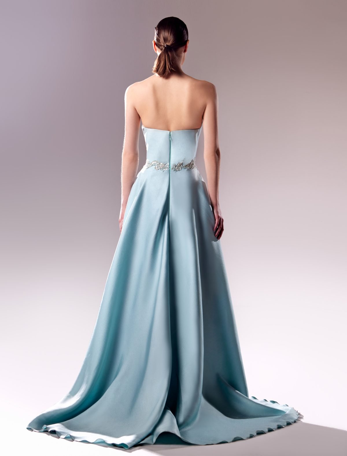 Strapless Piqué and Lace Ice Blue Evening Dress