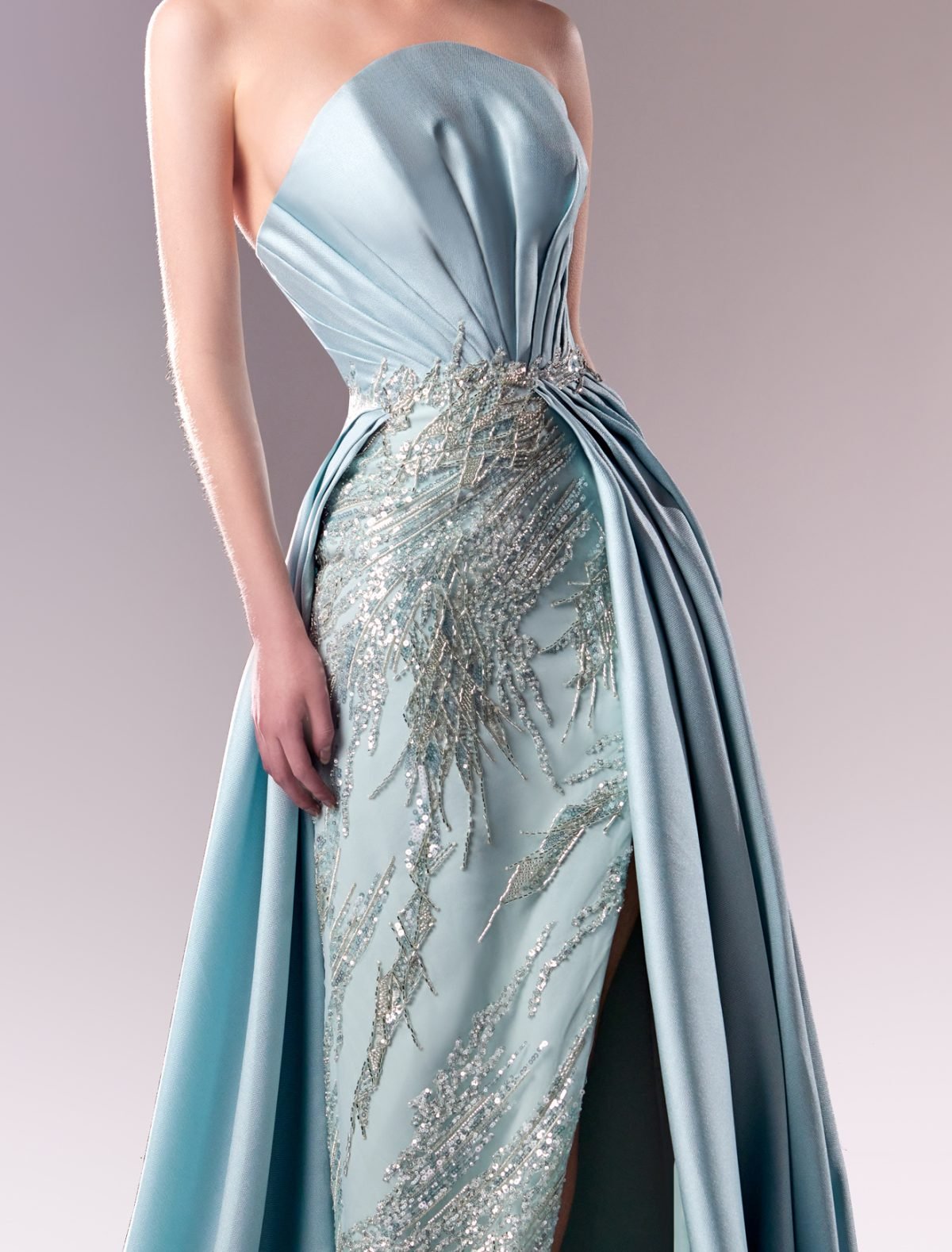 Strapless Piqué and Lace Ice Blue Evening Dress