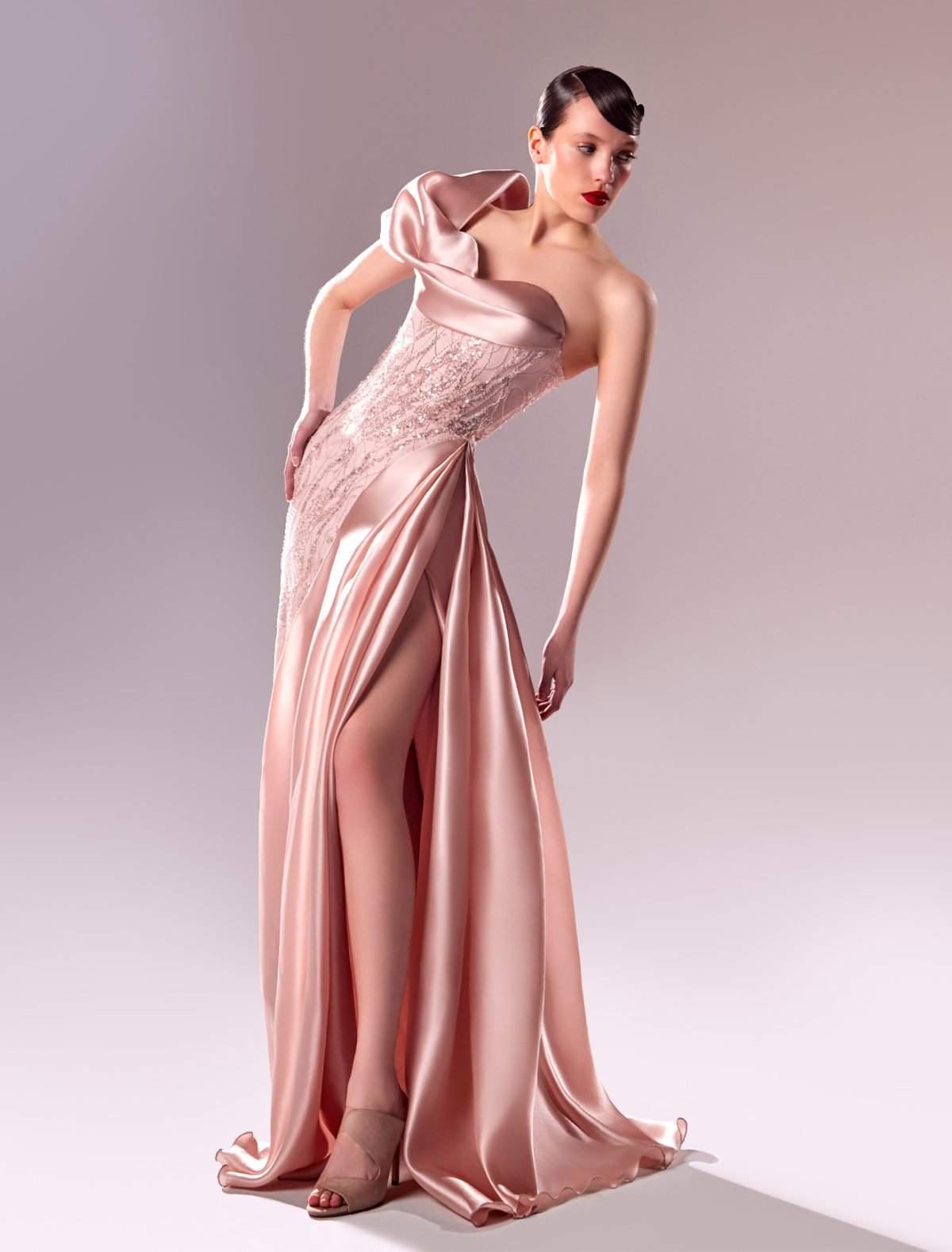 One-Shoulder Draped Organdie and Lace Evening Dress