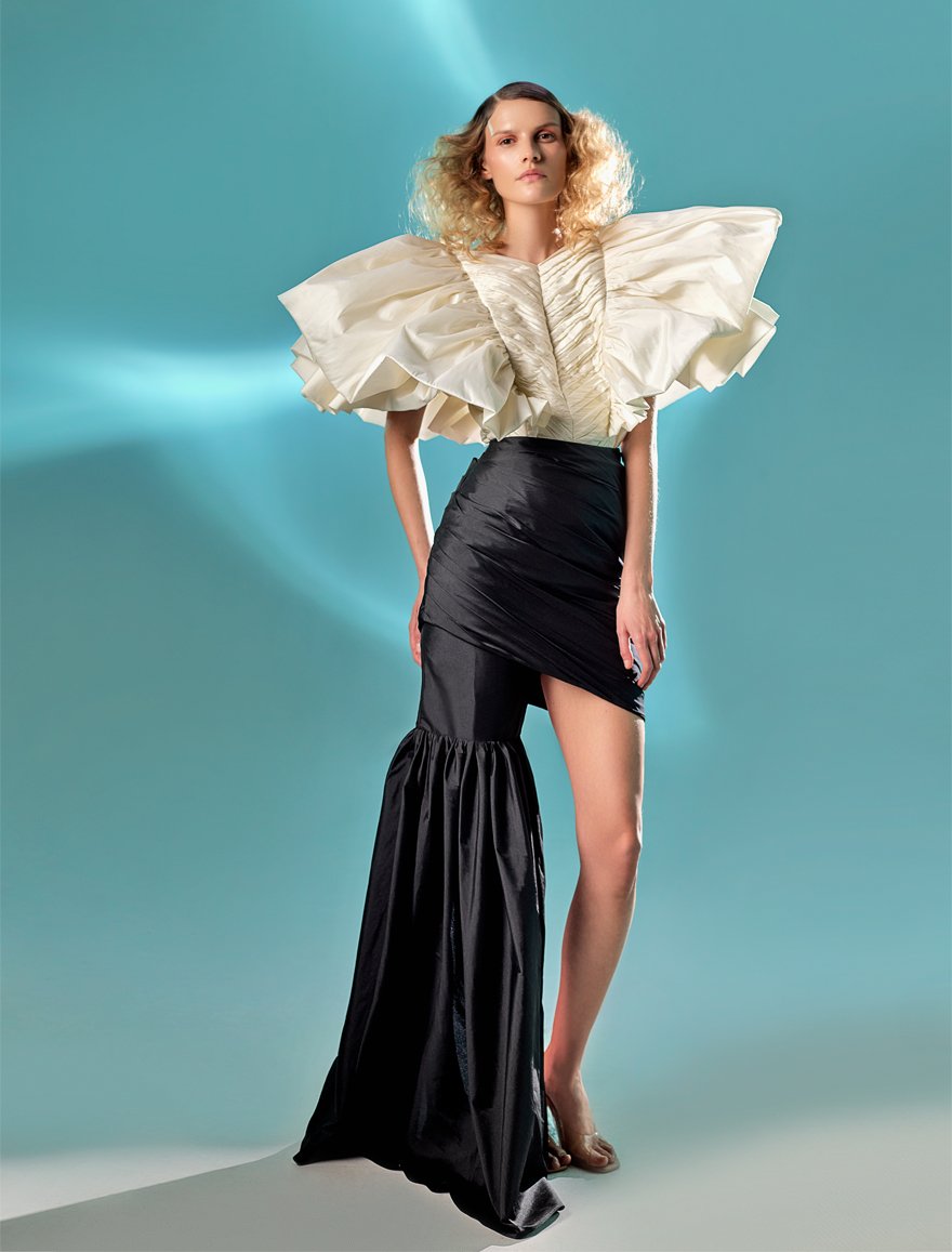 Oversized Shoulder Sleeves White Taffeta Top