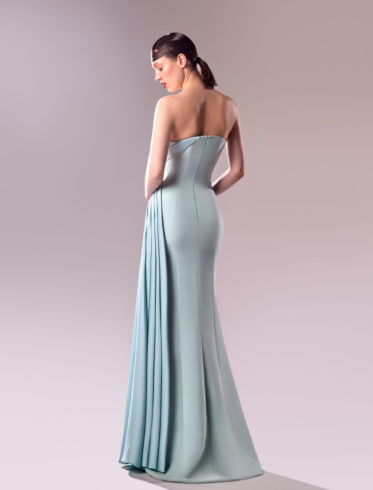 Exquisite Strapless Crystallised Blue Dress in Crepe and Piqué