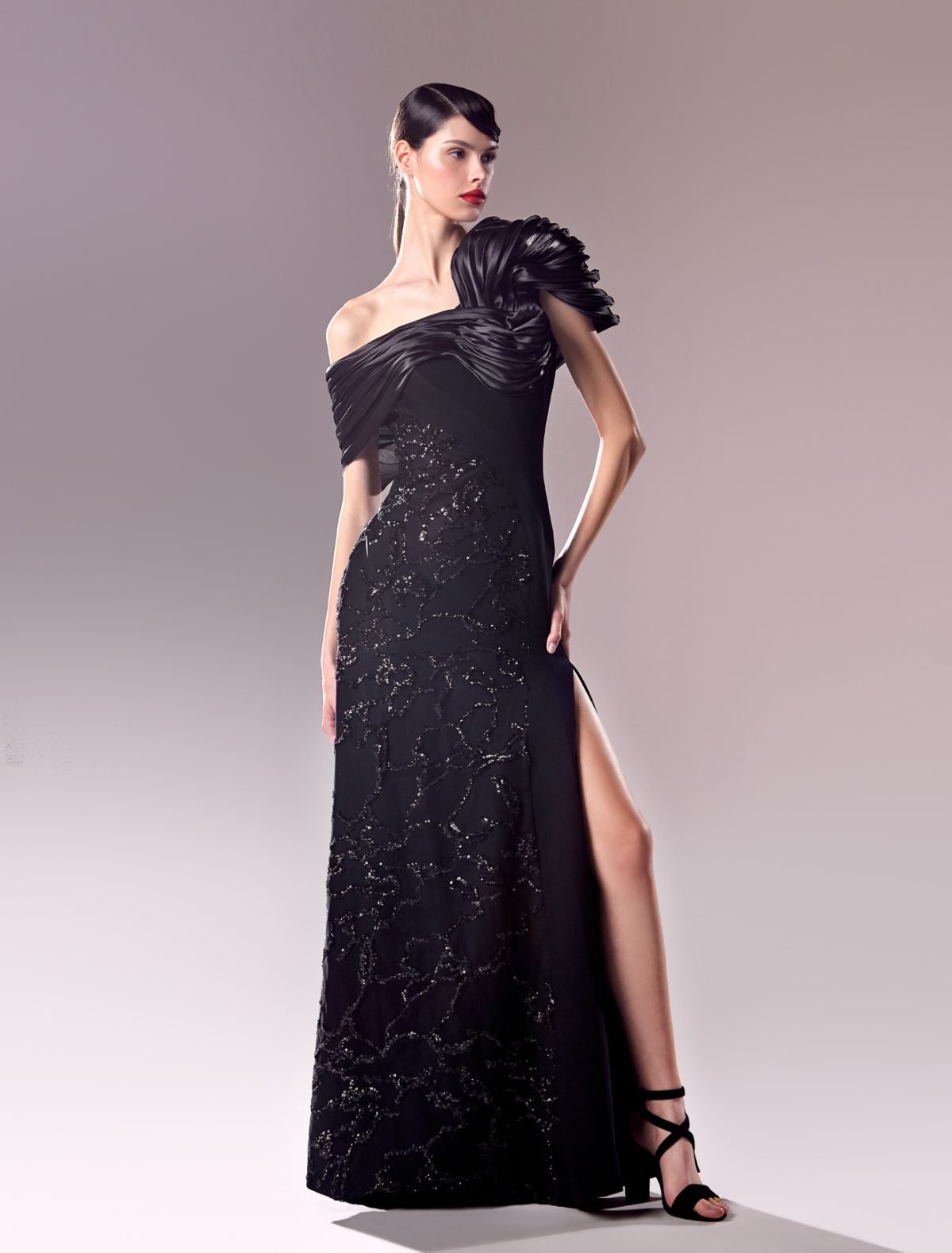 Off-The-Shoulder Black Organza and Lace Dress: Timeless Sophistication Meets Modern Elegance
