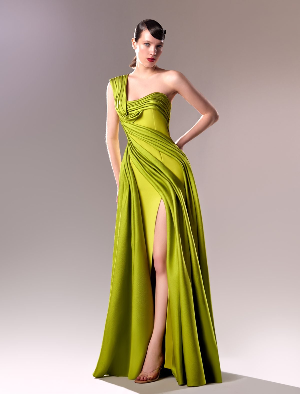 Opulent Lime One Shoulder Draped Dress with Piqué Mikado & Crepe