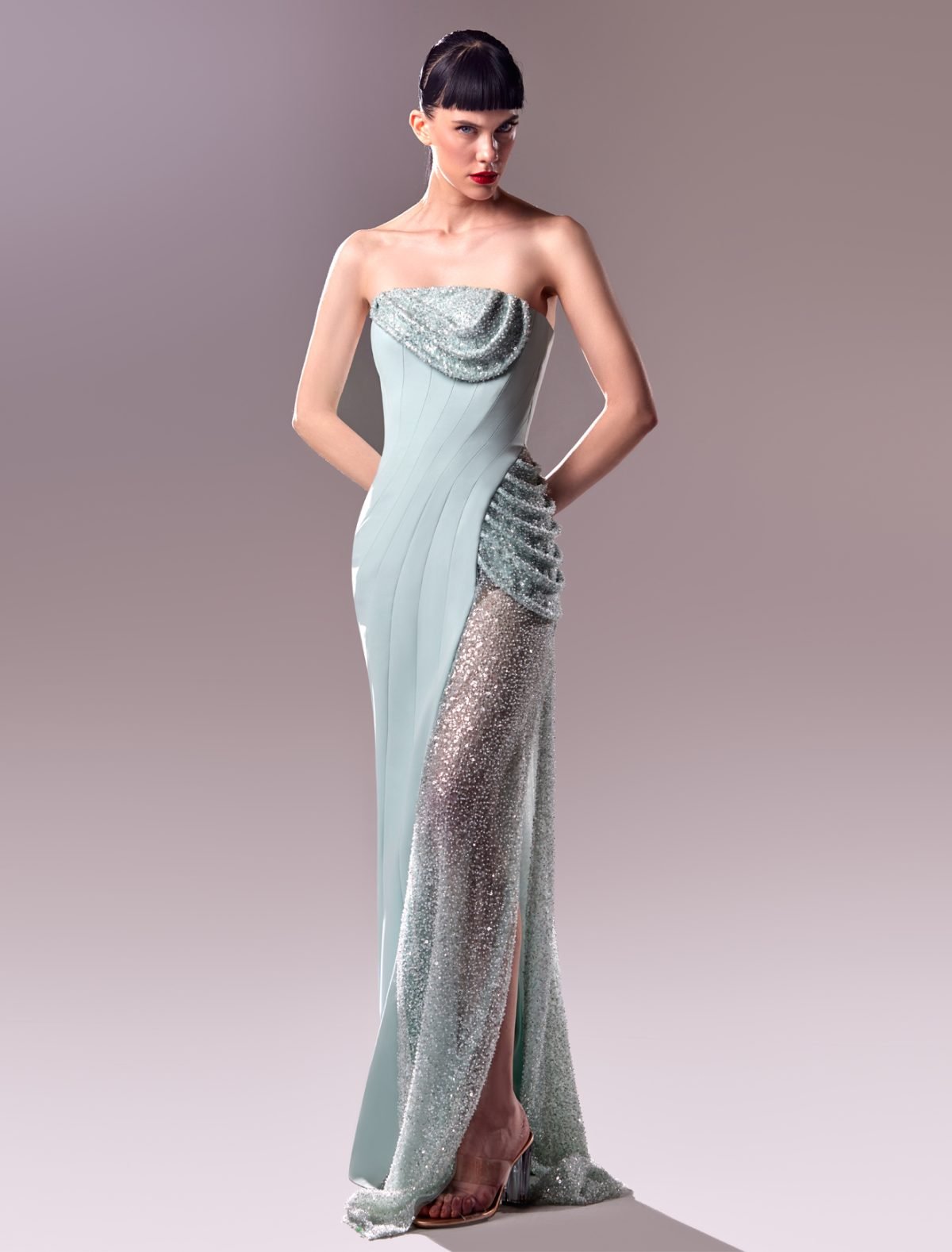 Strapless Blue Crepe Dress with Exquisite Embroidery