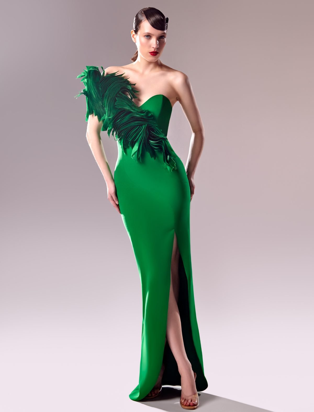 Emerald Green One-Shoulder Dress with Complex Organza Manipulation
