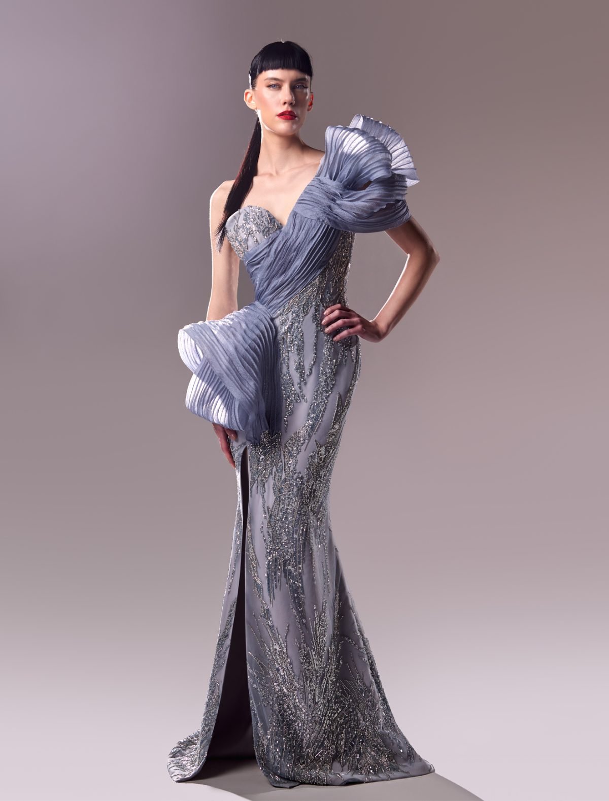 One Shoulder Lace and Organza Silver Evening Dress