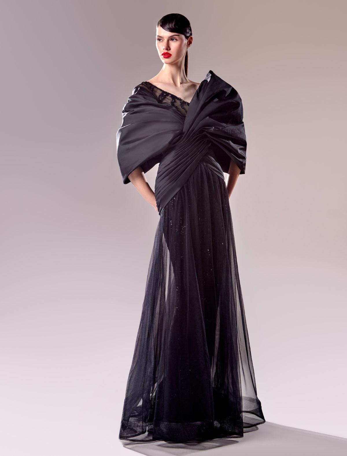 Off-the-Shoulder Taffeta and Lace Long Black Dress