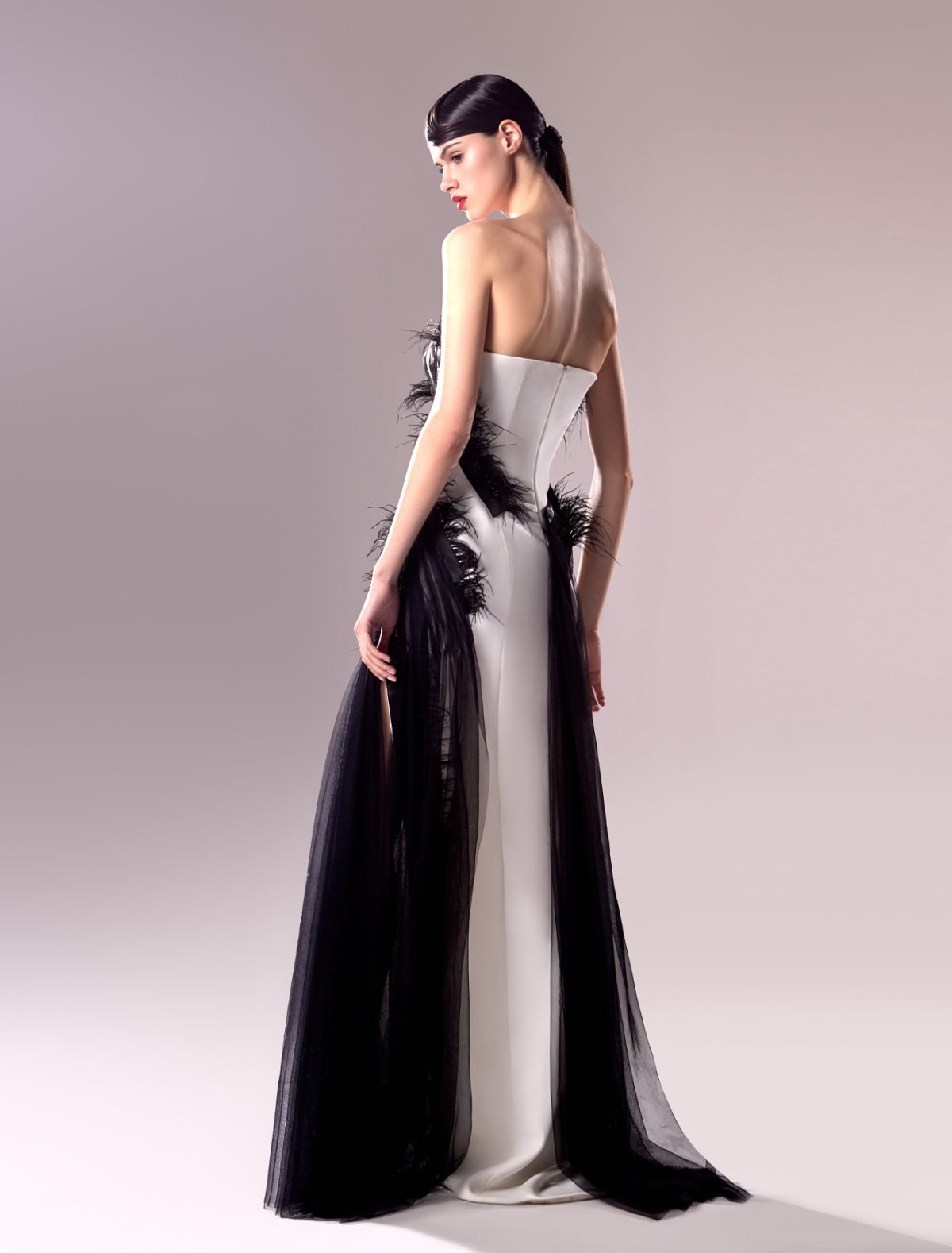 Feathers Encrusted Black and White Dress