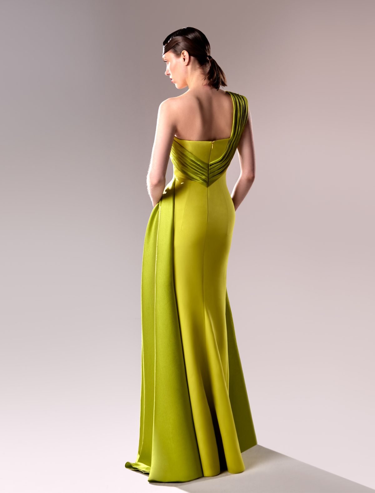 Opulent Lime One Shoulder Draped Dress with Piqué Mikado & Crepe