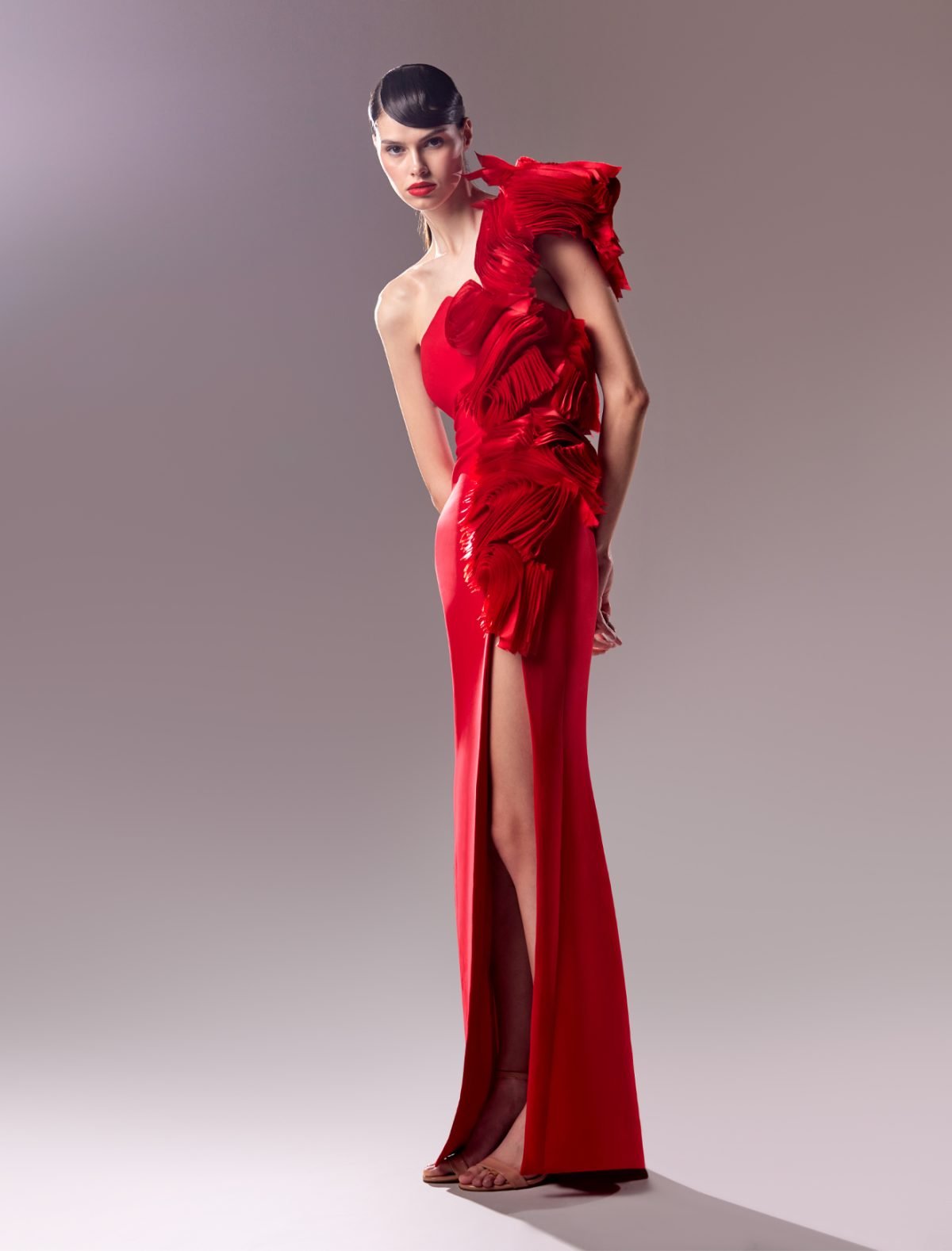 Dazzling One-Shoulder Red Dress with Organdie Manipulation