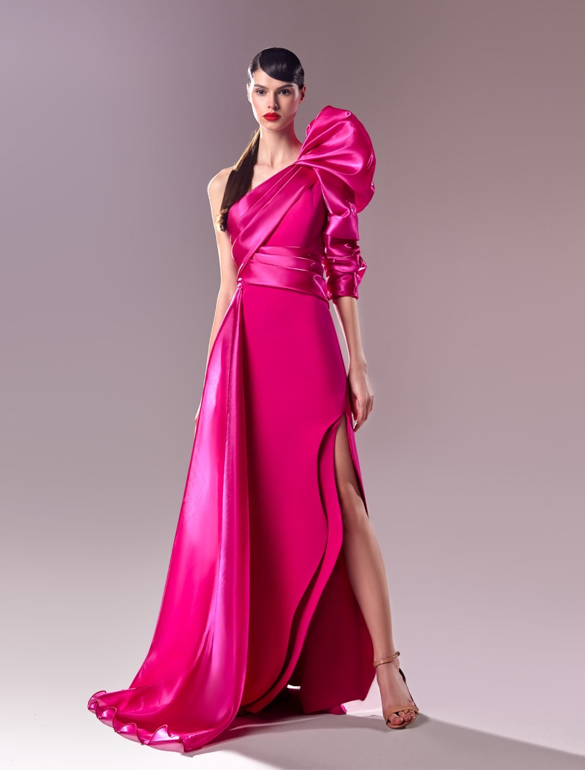 One-Shoulder Fusion of Organza and Crepe Fuscia Long Dress