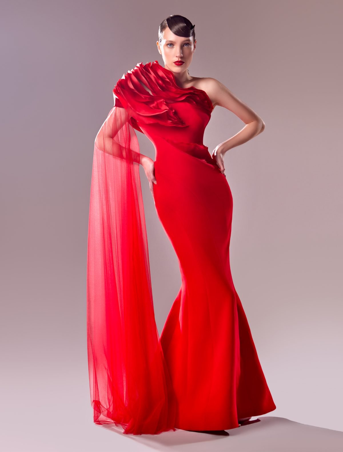 Mermaid Evening Dress with Organza Inserts and Tulle Sleeve in Red